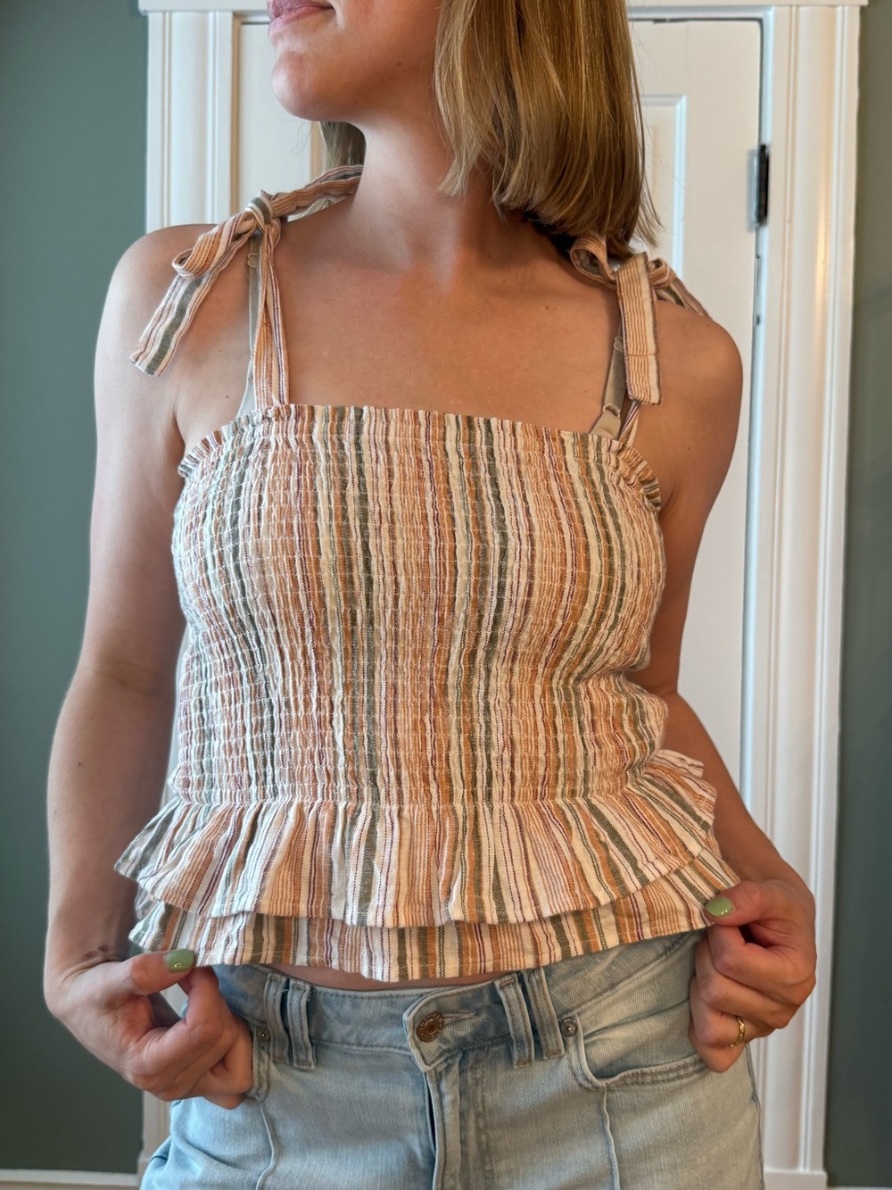 Lavish Striped Smocked Tie-Shoulder Tank Top